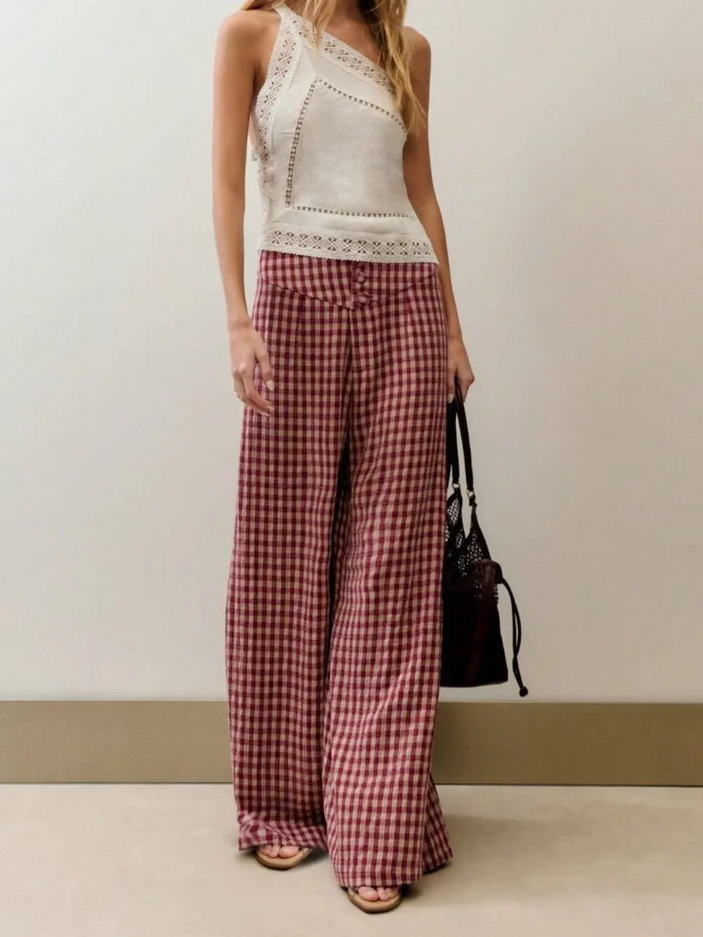 Burgundy Casual Women's Plaid Color Blocked High-Waisted Loose Wide-Leg Trousers